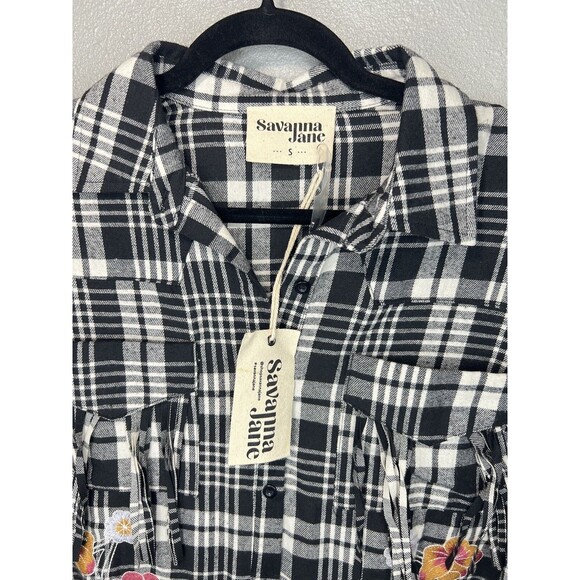 NWT! Savanna Jane Long Sleeve Black Plaid Embroidered Fringe Detail Blouse Top S - Picture 5 of 8